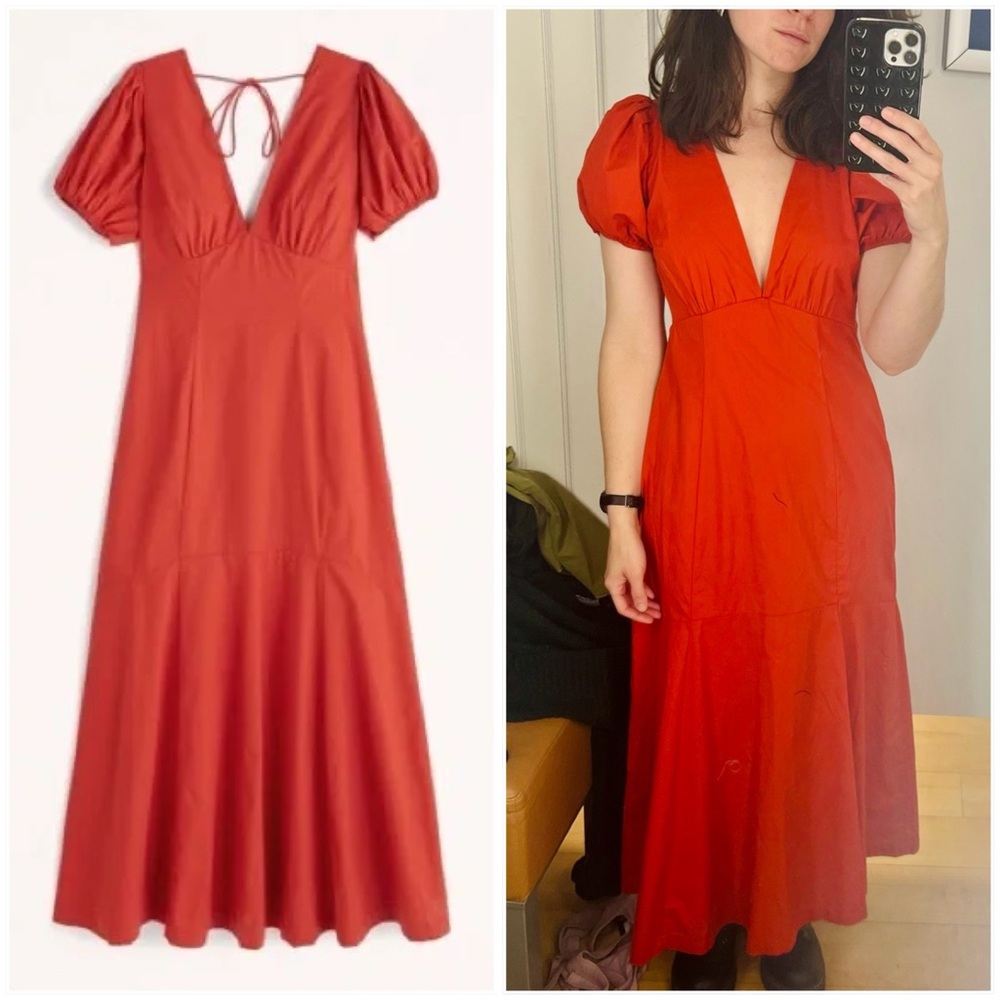 FREE SHIPPING! - NWT Abercrombie & Fitch Puff Sleeve Poplin Midi Dress - Red